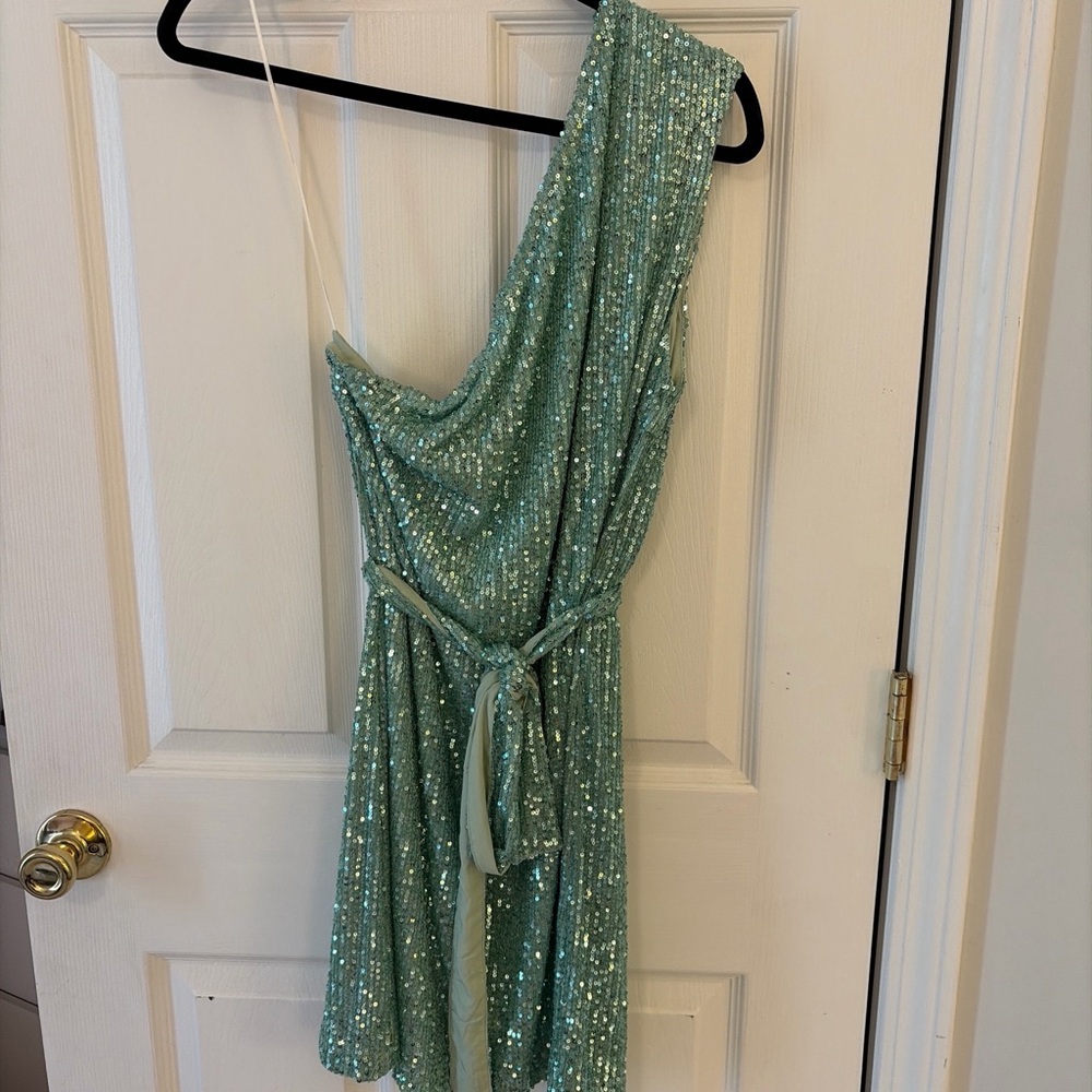 Ellison Sequin One-Shoulder Dress in Mint Green